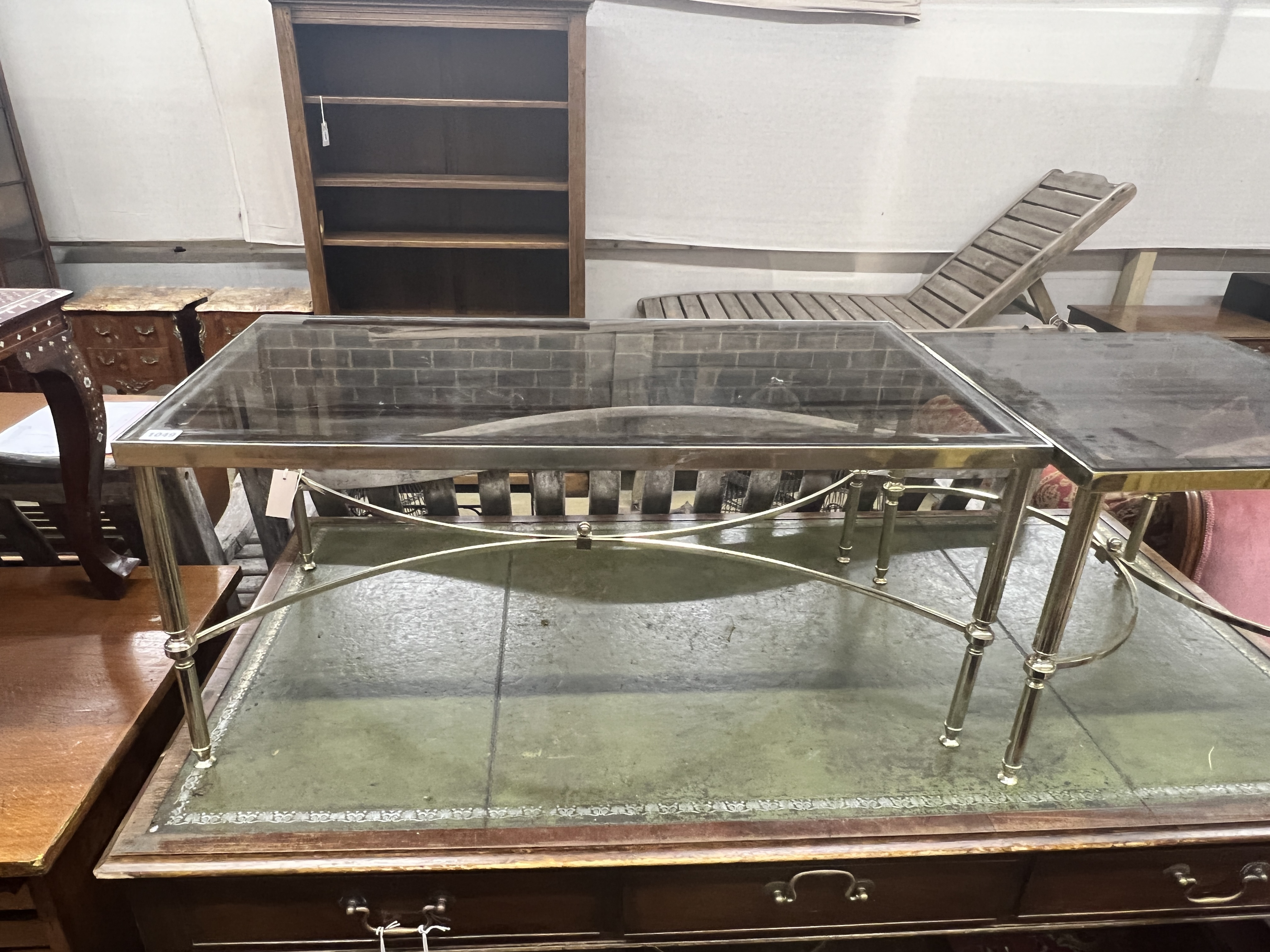 Three gilt metal glass top occasional tables, largest width 90cm, depth 46cm, height 41cm